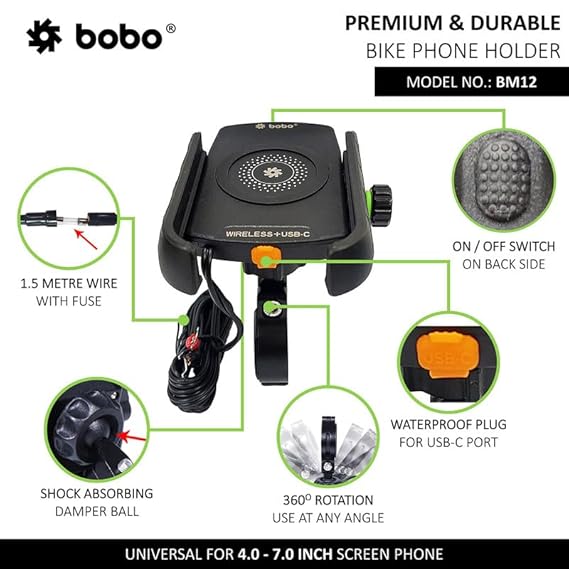 BOBO BM12 Jaw-Grip Waterproof BikeMotorcycleScooter Mobile Phone Holder Mount with Fast 15W Wireless & USB-C InputOutput Charger, Ideal for Maps and GPS Navigation (Black)