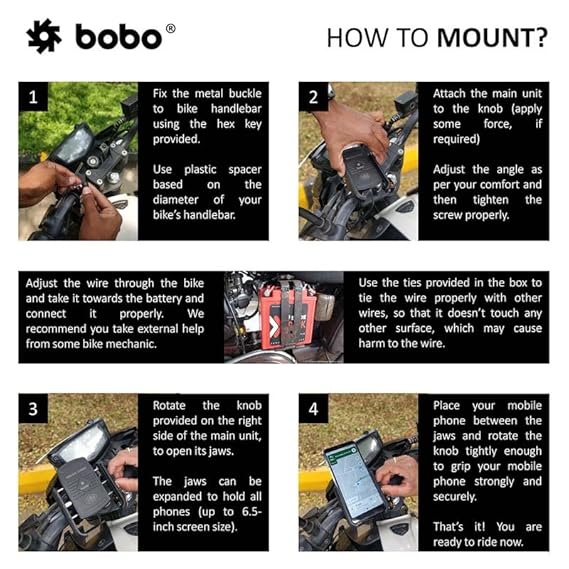 BOBO BM6 Jaw-Grip Waterproof Bike/Motorcycle/Scooter Mobile Phone Holder Mount with Fast 15W Wireless Charger, Ideal for Maps and GPS Navigation (Black)