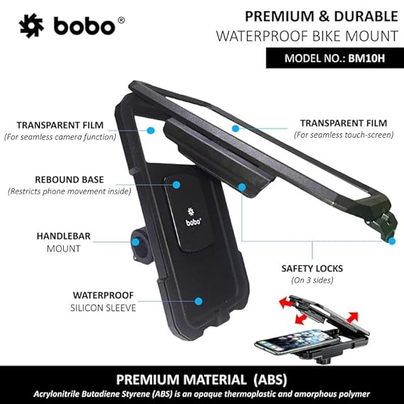 BOBO BM10H Handlebar Mount Fully Waterproof BikeMotorcycleScooter Mobile Phone Holder Mount, Ideal for Maps and GPS Navigation (Black)