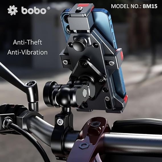 BOBO BM15 Anti-Vibration Anti-Theft Metallic Waterproof Bike/Motorcycle/Scooter Mobile Phone Holder Mount, Ideal for Maps and GPS Navigation (Black)