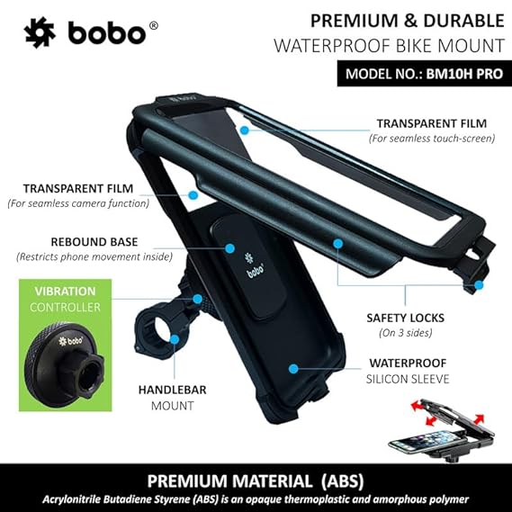 BOBO BM10H PRO Handlebar Mount with Vibration Controller, Fully Waterproof Bike/Motorcycle/Scooter Mobile Phone Holder Mount, Ideal for Maps and GPS Navigation (Black)