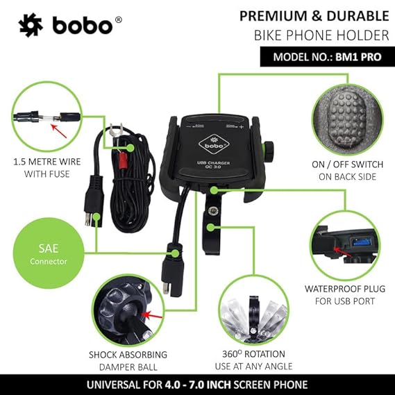 BOBO BM1 PRO Jaw-Grip Waterproof BikeMotorcycleScooter Mobile Phone Holder Mount with Fast USB 3.0 Charger, SAE Connector & Small USB Cable, Ideal for Maps and GPS Navigation (Black)