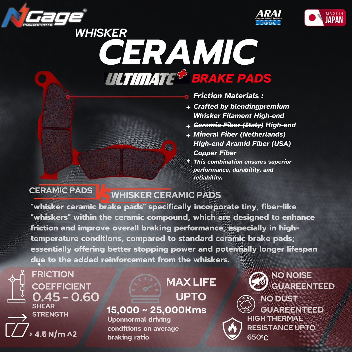 Ngage Whisker Ceramic Ultimate Plus Brake Pad (Front) For Bajaj NS 200/RS200 - HB 155
