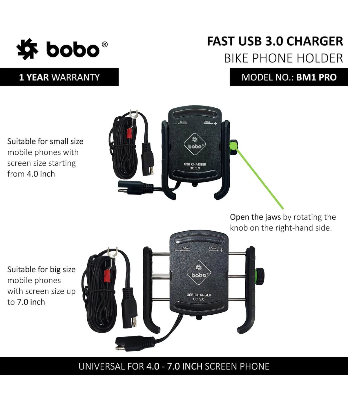 BOBO BM1 Pro Motorcycle Phone Holder (with fast USB 3.0 charger)