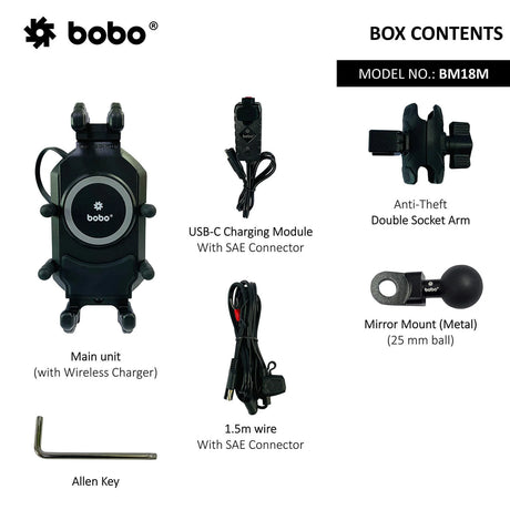 BOBO BM18H (or BM18M) PRO Handlebar (or Mirror) Anti-Vibration Bike Phone Holder (with Fast 15W Wireless Charger & USB-C Charging Module) Motorcycle Mobile Mount