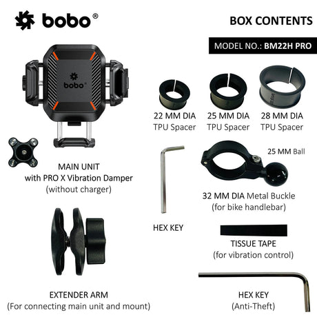 BOBO BM22H (or BM22M) PRO Handlebar (or Mirror) Mount Anti-Vibration Anti-Theft Bike / Cycle Phone Holder Motorcycle Mobile Mount
