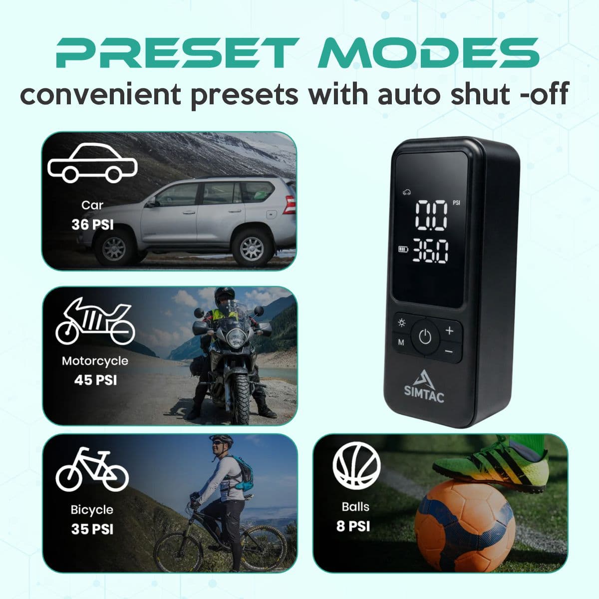 SIMTAC Portable Digital Tyre Inflator Air Compressor Pump for Car & Bike – INF203
