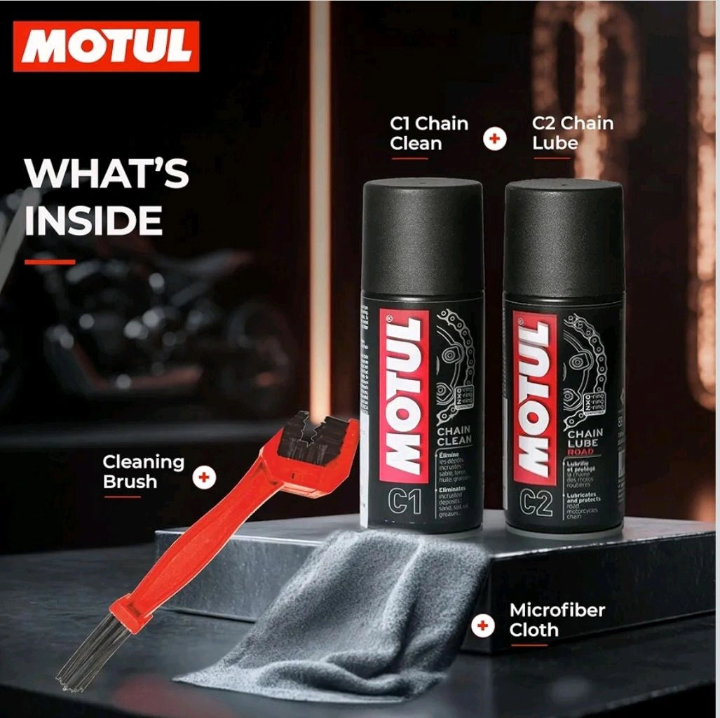 Motul Chain Care Kit — C1 & C2 COMBO 150 ml Each and Microfiber Cloth + Chain Cleaning Brush