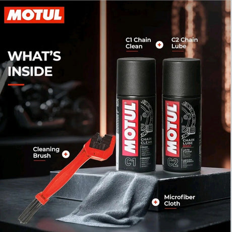 Motul Chain Care Kit — C1 & C2 COMBO 150 ml Each and Microfiber Cloth + Chain Cleaning Brush