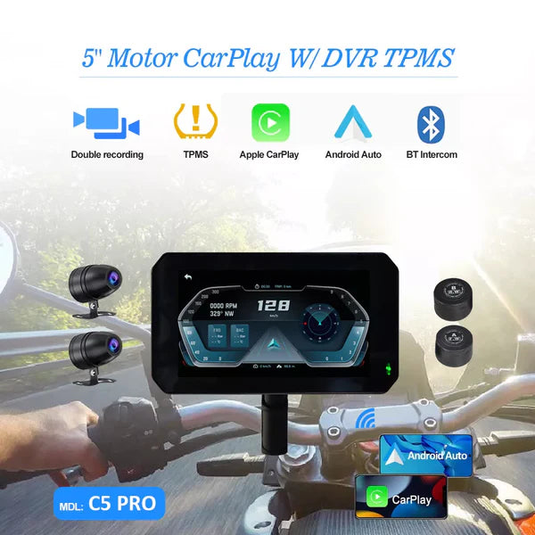 Aoocci C5 5" Portable CarPlay Motorcycle Camera Front&Rear Dash Cam